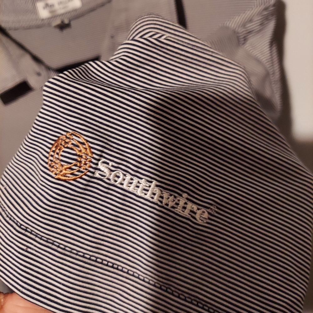 Peter Millar Summer Comfort Polo Shirt Size XL Blue Stripe Southwire Logo Golf